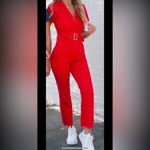 Red Denim Jumpsuit